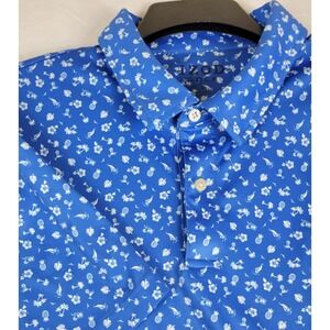 IZOD Golf Mens Large Blue Tropical Pineapple Palm Tree Polo Shirt All Over Print